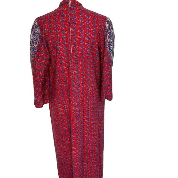 Ramona Rull Maxi Dress Vintage Red Blue Pattern Cotton Pockets Belt Puff Sleeves - Picture 2 of 12